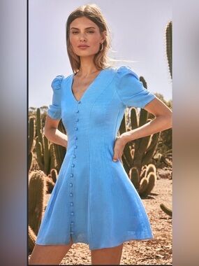 NWT Ever New Curve 100% Linen Blue Puff Sleeve Button Front Dress US 12